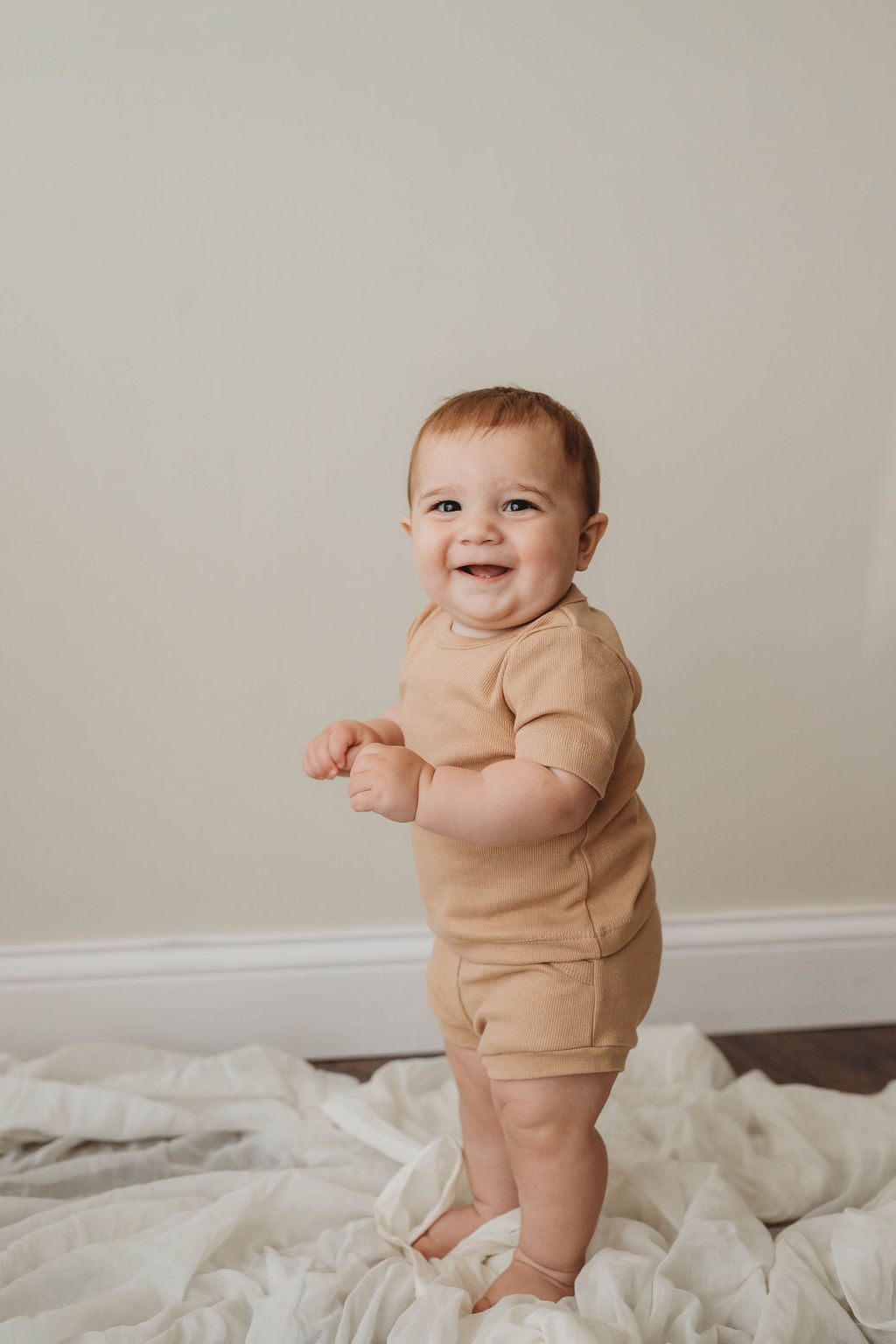 Organic cotton ribbed knit short set in "Wheat"