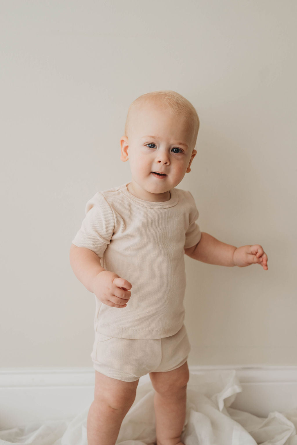 Organic cotton ribbed knit short set in "Oat"