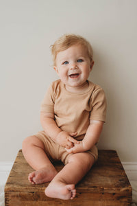 Organic cotton ribbed knit short set in "Wheat"