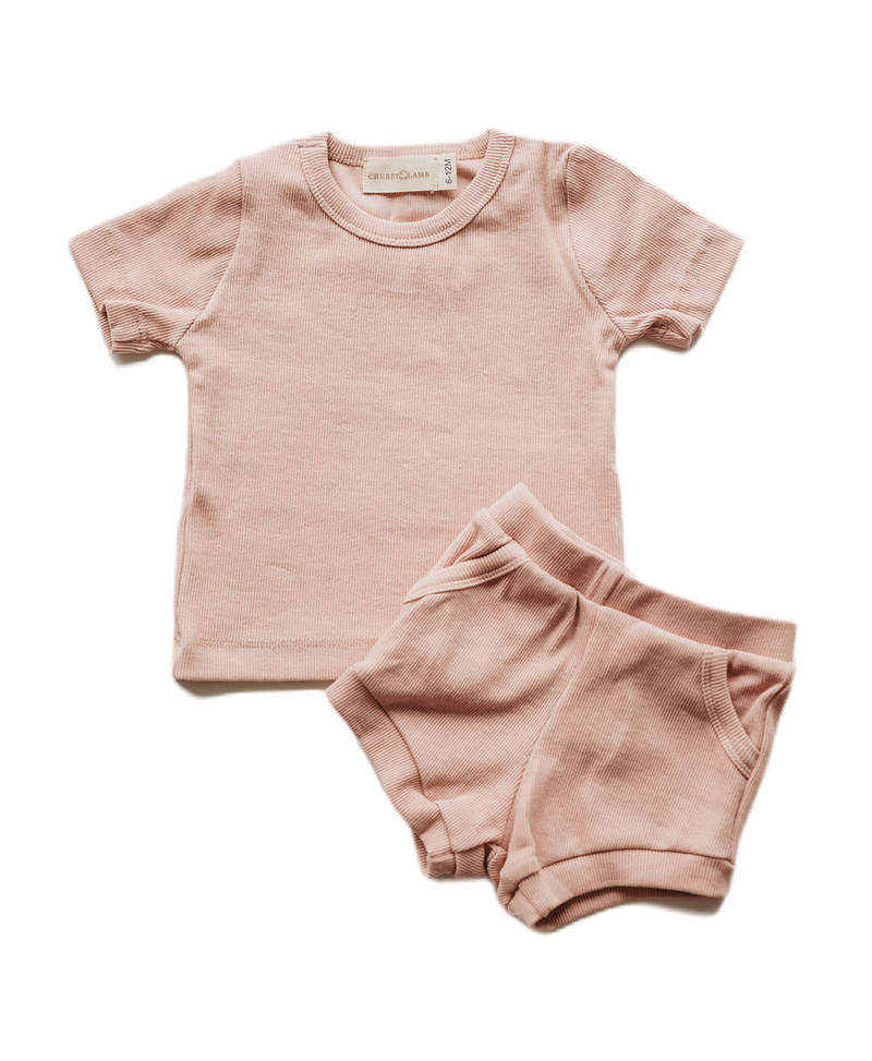 Organic cotton ribbed knit short set in "Mauve"