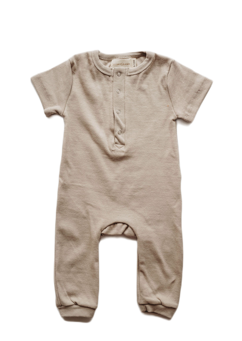 Organic cotton ribbed knit romper in "Mushroom"