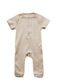 Organic cotton ribbed knit romper in "Oat"