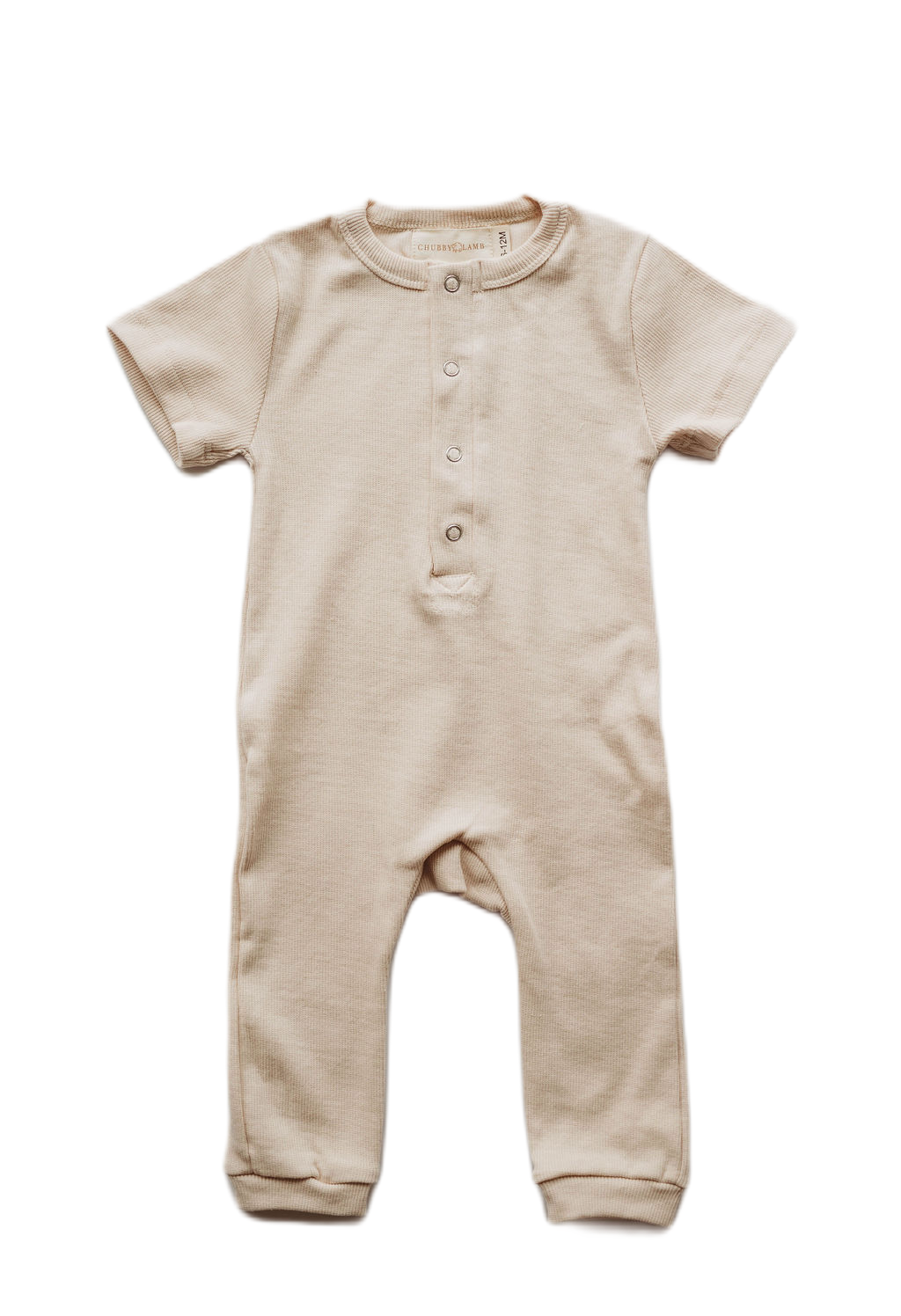 Organic cotton ribbed knit romper in "Oat"