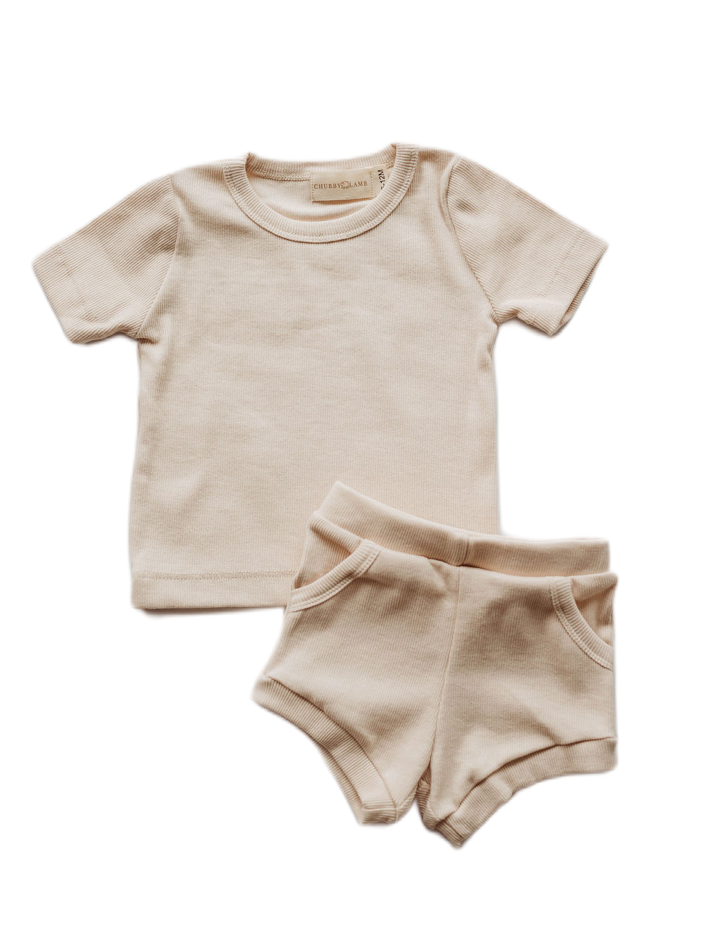 Organic cotton ribbed knit short set in "Oat"