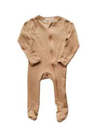 Organic cotton ribbed knit one-piece footed zipper in "Wheat"