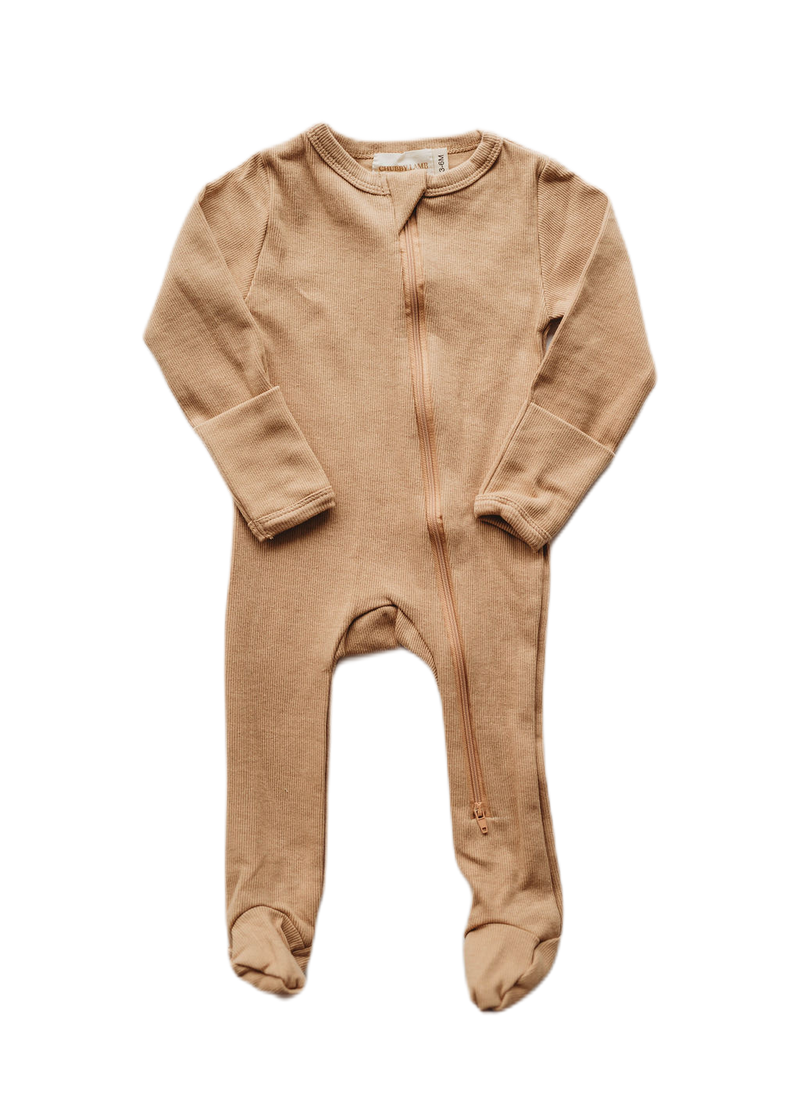 Organic cotton ribbed knit one-piece footed zipper in "Wheat"