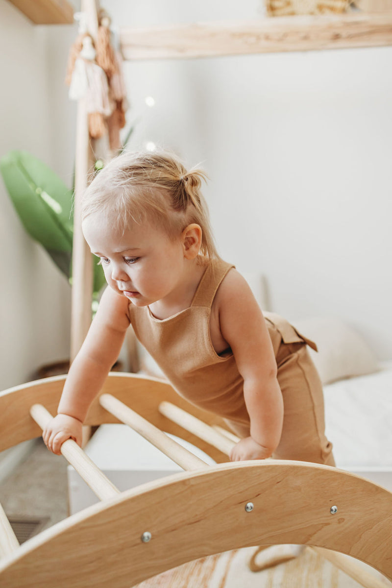 Organic cotton ribbed knit overall in "Wheat"