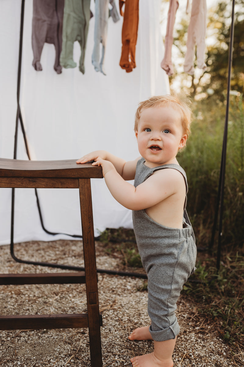 Organic cotton ribbed knit overall in "True Grey"